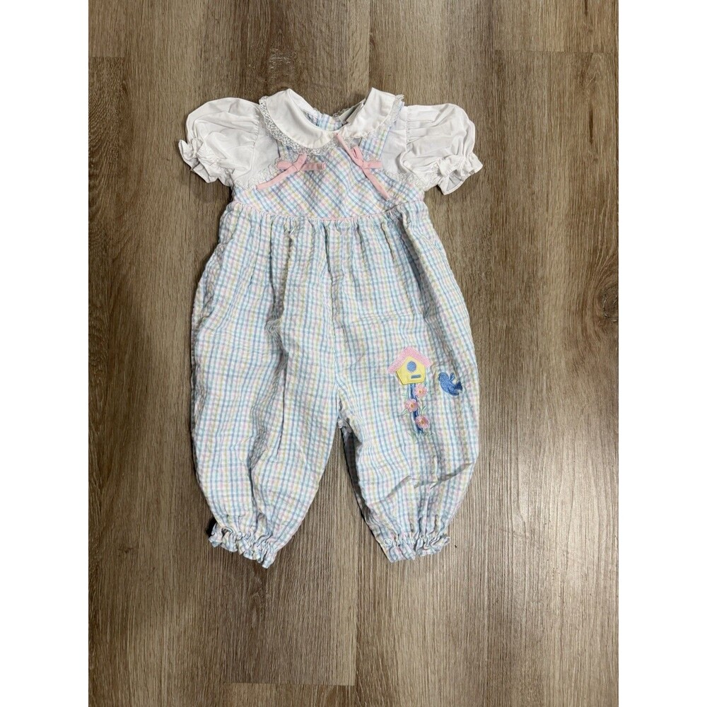 Vintage B.T Kids One Piece Jumpsuit Pastel Plaid Bird/Birdhouse Girls 6-9 Months